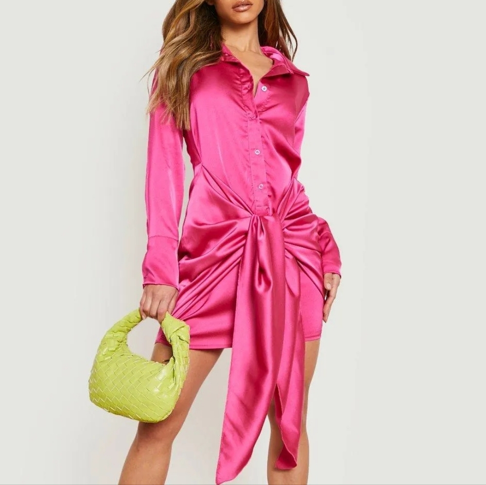 Boohoo Pink Long Sleeve Shirt Dress